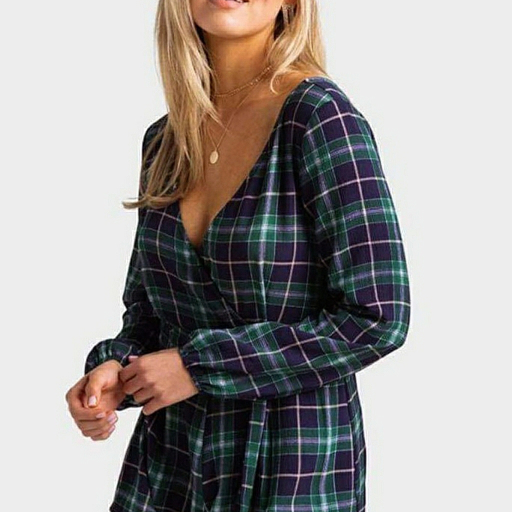NWT Francesca’s Checkered Navy Green Romper - Picture 2 of 5